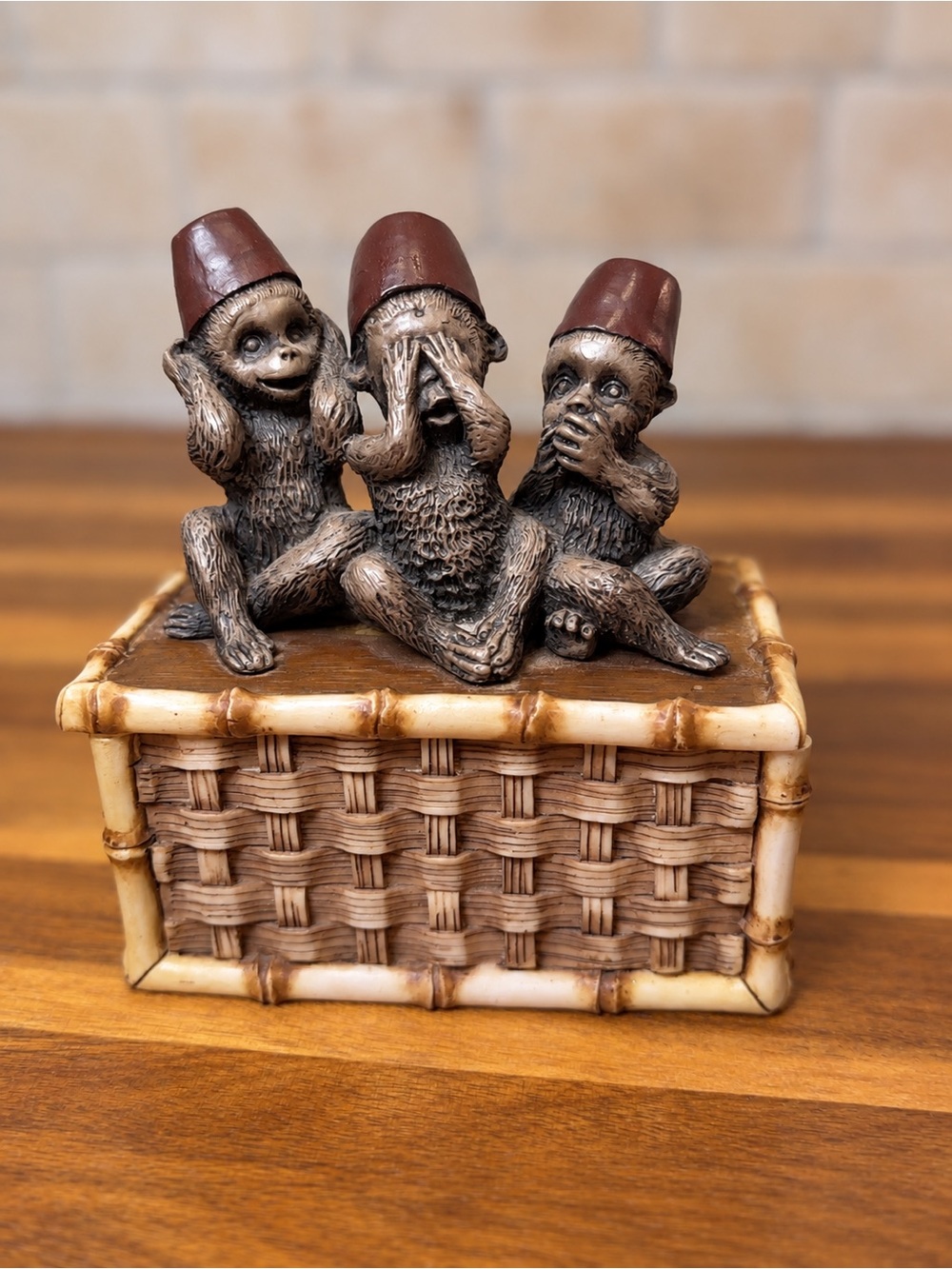 Vintage Three Wise Monkeys Decorative Trinket Box - hand painted